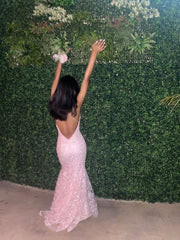 Enchanting Pink Lace Backless Mermaid Long Prom Dress Party Dress Evening Dress HZ1024