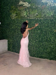 Sexy Mermaid Spaghetti Straps Lace Pink Prom Dress Birthday Outfit