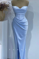 P1391 - Simple Spaghetti Straps Pleats Sleeveless Satin Long Prom Party Formal Dress