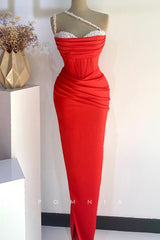 P1392 - One Shoulder Pearls Pleats Sleeveless Satin Prom Evening Dress with Slit