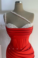 P1392 - One Shoulder Pearls Pleats Sleeveless Satin Prom Evening Dress with Slit