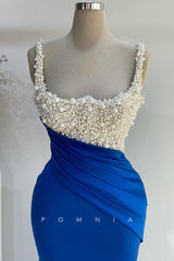 P1393 - Elegant Double Straps Pearls Sleeveless Pleats Side Slit Evening Prom Dress