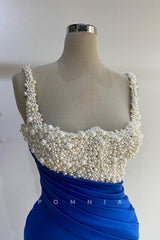 P1393 - Elegant Double Straps Pearls Sleeveless Pleats Side Slit Evening Prom Dress