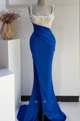 P1393 - Elegant Double Straps Pearls Sleeveless Pleats Side Slit Evening Prom Dress