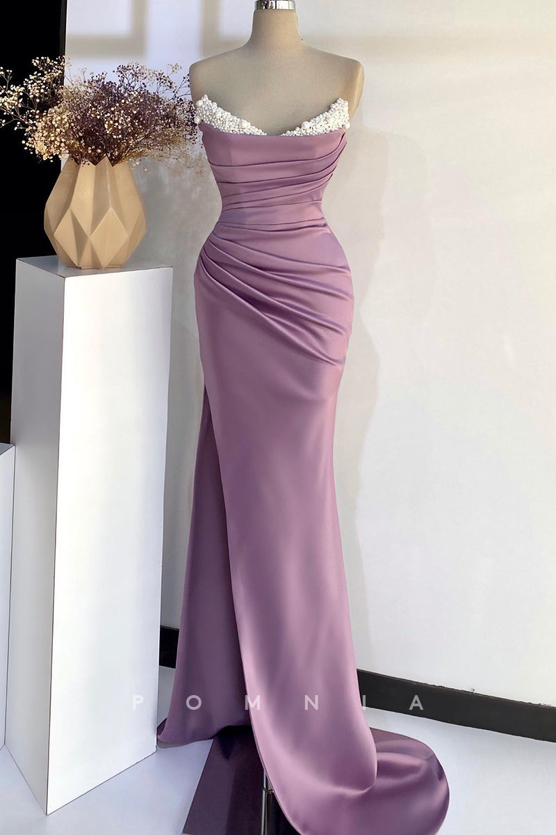 P1395 - Classy Off-Shoulder Pearls Pleats Side Slit Prom Evening Formal Dress