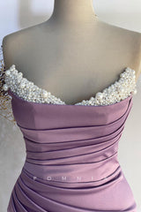 P1395 - Classy Off-Shoulder Pearls Pleats Side Slit Prom Evening Formal Dress