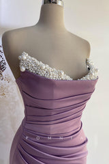 P1395 - Classy Off-Shoulder Pearls Pleats Side Slit Prom Evening Formal Dress