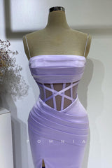 P1396 - Spaghetti Straps Pleats Sleeveless Square High Slit Long Prom Evening Formal Dress