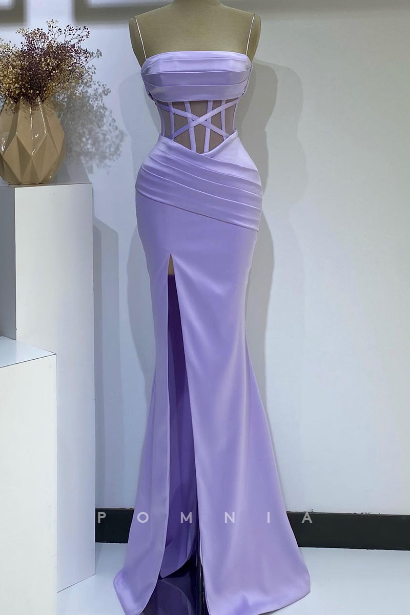 P1396 - Spaghetti Straps Pleats Sleeveless Square High Slit Long Prom Evening Formal Dress