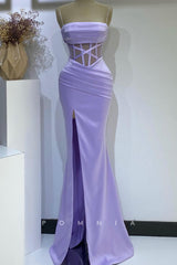 P1396 - Spaghetti Straps Pleats Sleeveless Square High Slit Long Prom Evening Formal Dress