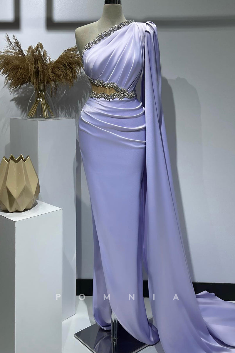 P1397 - One Shoulder Beads Pleats Hollow Prom Evening Formal Dress with Slit