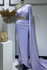 P1397 - One Shoulder Beads Pleats Hollow Prom Evening Formal Dress with Slit