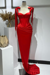 P1398 - Sheath Double Straps Sweetheart Satin Pleats Long Prom Evening Party Dress