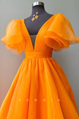 P1399 - A-Line Deep V-Neck Short Sleeves Pleats Organza Prom Party Dress