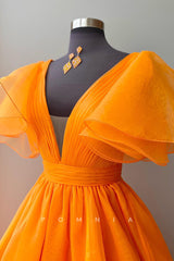 P1399 - A-Line Deep V-Neck Short Sleeves Pleats Organza Prom Party Dress