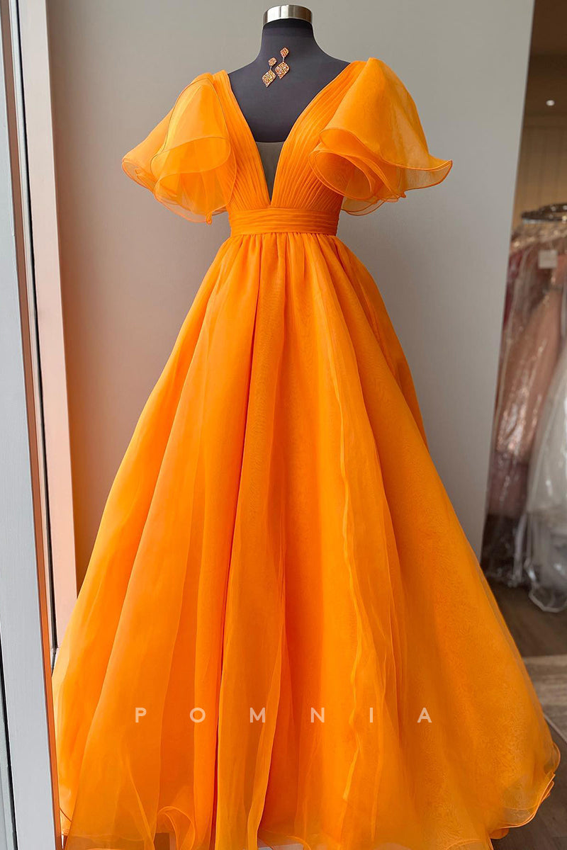 P1399 - A-Line Deep V-Neck Short Sleeves Pleats Organza Prom Party Dress
