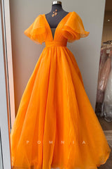 P1399 - A-Line Deep V-Neck Short Sleeves Pleats Organza Prom Party Dress