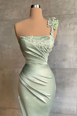 P1401 - One Shoulder Square Beads Pleats Sheath Formal Prom Evening Dress with Slit