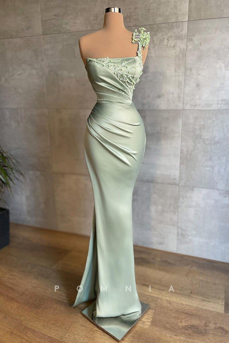 P1401 - One Shoulder Square Beads Pleats Sheath Formal Prom Evening Dress with Slit