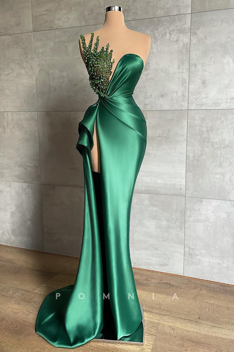 P1402 - Striking Illusion Neck Beading High Slit Satin Prom Evening Party Dress