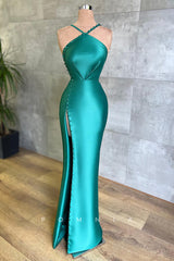 P1403 - Cross-Neck Button Side Slit Sleeveless Long Prom Party Formal Dress