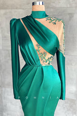 P1404 - High Neck Beaded Long Sleeves Pleats Satin Formal Evening Dress with Split
