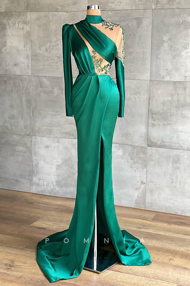 P1404 - High Neck Beaded Long Sleeves Pleats Satin Formal Evening Dress with Split