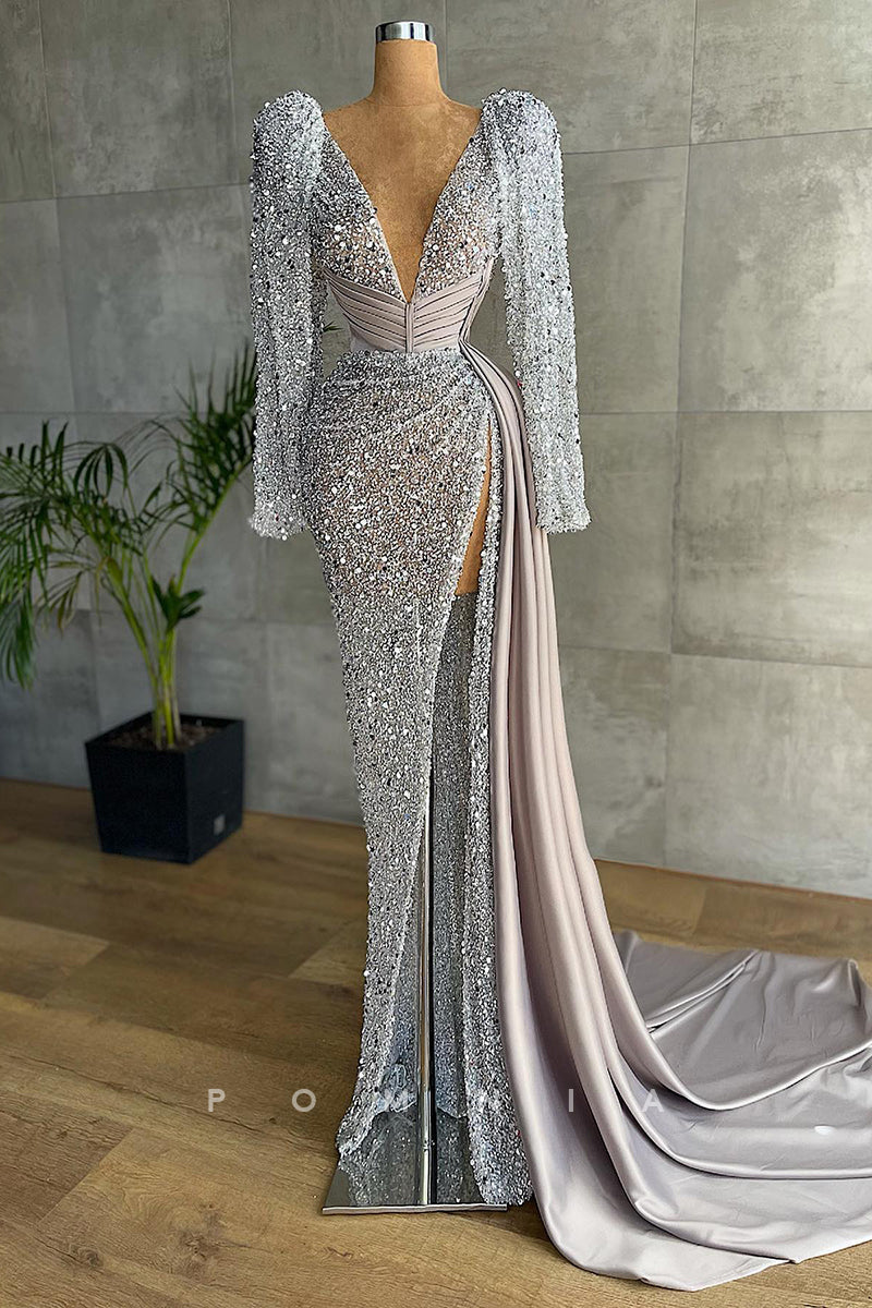 P1405 - Sparkling V-Neck Long Sleeves Sequined High Slit Evening Formal Dress with Train