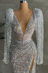 P1405 - Sparkling V-Neck Long Sleeves Sequined High Slit Evening Formal Dress with Train