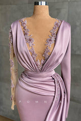 P1406 - Elegant Long Sleeves Low V-Neck Appliques Pleats Evening Formal Dress