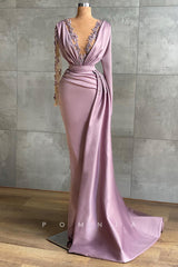 P1406 - Elegant Long Sleeves Low V-Neck Appliques Pleats Evening Formal Dress