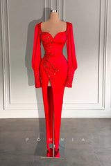 P1407 -  Sweetheart Long Sleeves Appliques Long Evening Formal Dress with Split