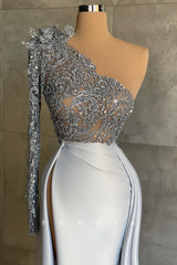 P1408 - One Shoulder Top Appliques Pleated Satin Evening Formal Dress with Sleeves