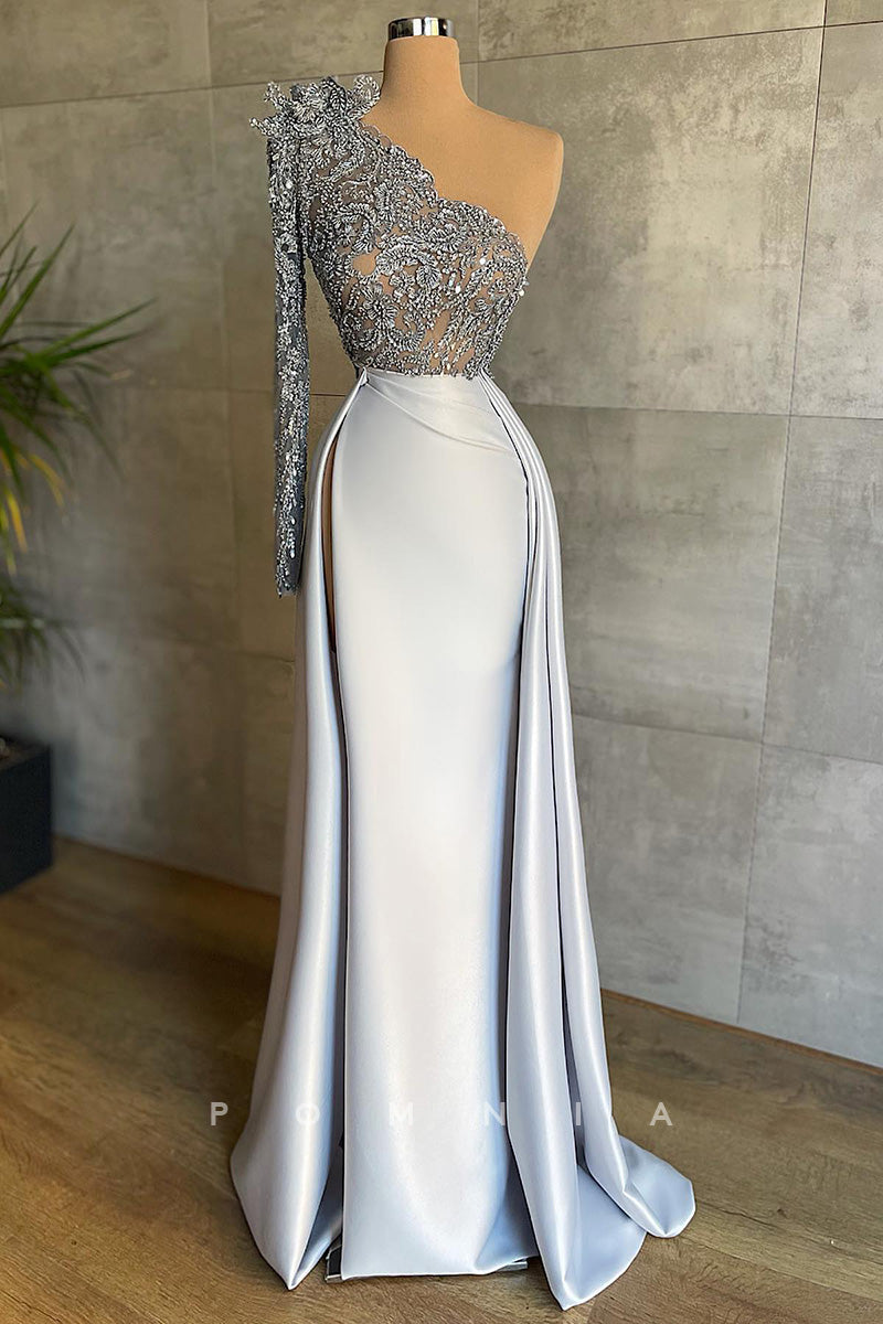 P1408 - One Shoulder Top Appliques Pleated Satin Evening Formal Dress with Sleeves