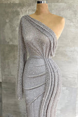 P1409 - One Shoulder Pleats Mermaid Long Formal Evening Dress Long Sleeves