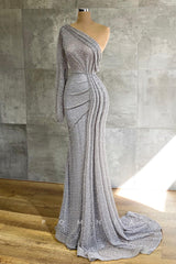 P1409 - One Shoulder Pleats Mermaid Long Formal Evening Dress Long Sleeves