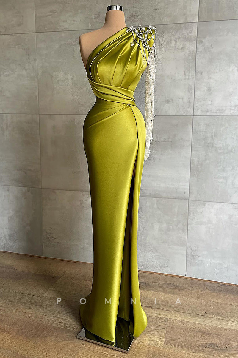 P1410 - Column Beads One Shoulder Ruched Long Sleeves Evening Formal Dress with Split