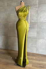 P1410 - Column Beads One Shoulder Ruched Long Sleeves Evening Formal Dress with Split