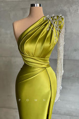 P1410 - Column Beads One Shoulder Ruched Long Sleeves Evening Formal Dress with Split