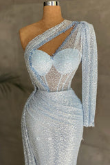 P1411 - Shiny One Shoulder Sequins Long Sleeves Party Formal Evening Dress with Train