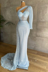 P1411 - Shiny One Shoulder Sequins Long Sleeves Party Formal Evening Dress with Train