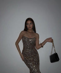 Simple Sheath Straps Long Sequin Gold Prom Dress P1412