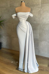 P1412 - Off-Shoulder Scoop Pleated Cap Sleeves Satin Long Prom Evening Formal Dress