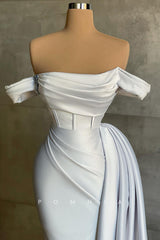 P1412 - Off-Shoulder Scoop Pleated Cap Sleeves Satin Long Prom Evening Formal Dress