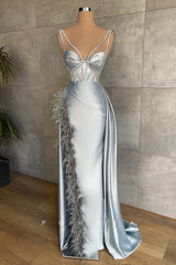 P1413 - Spaghetti Straps Side Slit Feathers Pleats Sleeveless Evening Formal Dress