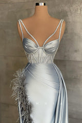 P1413 - Spaghetti Straps Side Slit Feathers Pleats Sleeveless Evening Formal Dress