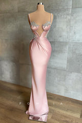 P1415 - Spaghetti Straps Deep V-Neck Beaded Pleats Sleeveless Prom Evening Dress