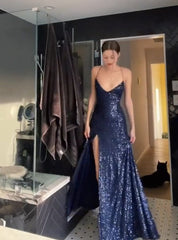 Simple Sheath Straps Long Navy Blue Slit Sequin Prom Dress P1417