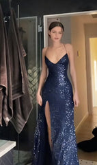 Simple Sheath Straps Long Navy Blue Slit Sequin Prom Dress P1417