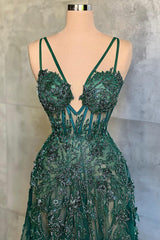 P1417 - A-Line Straps Appliques Sleeveless Tulle Evening Formal Dress with Beading